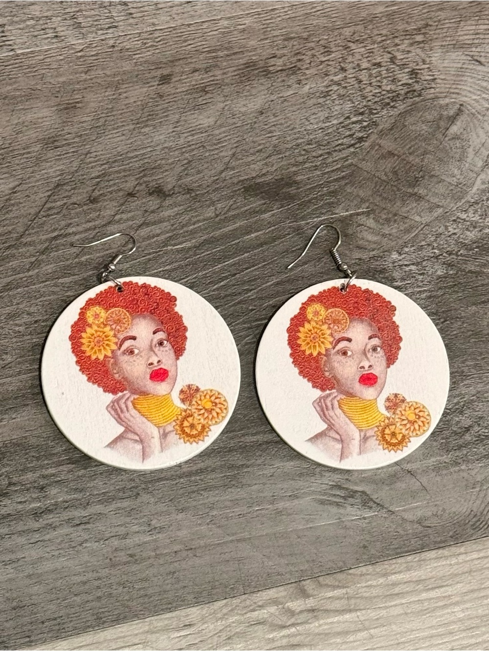 Hand-Painted Red & Yellow Floral Afro Portrait Wood Earrings